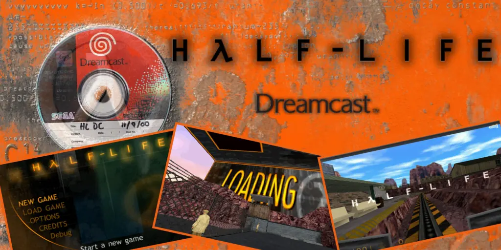 Half-Life Dreamcast prototype disc, menu screens and Sega hardware materials.