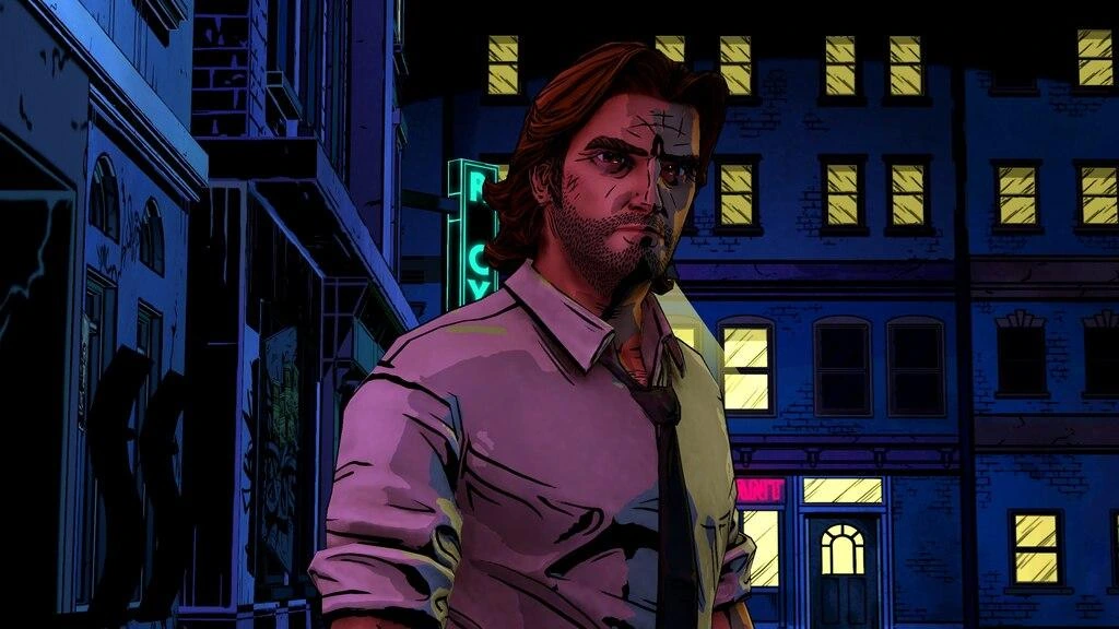 Bigby Wolf investigating crimes in a dark neon fantasy city.
