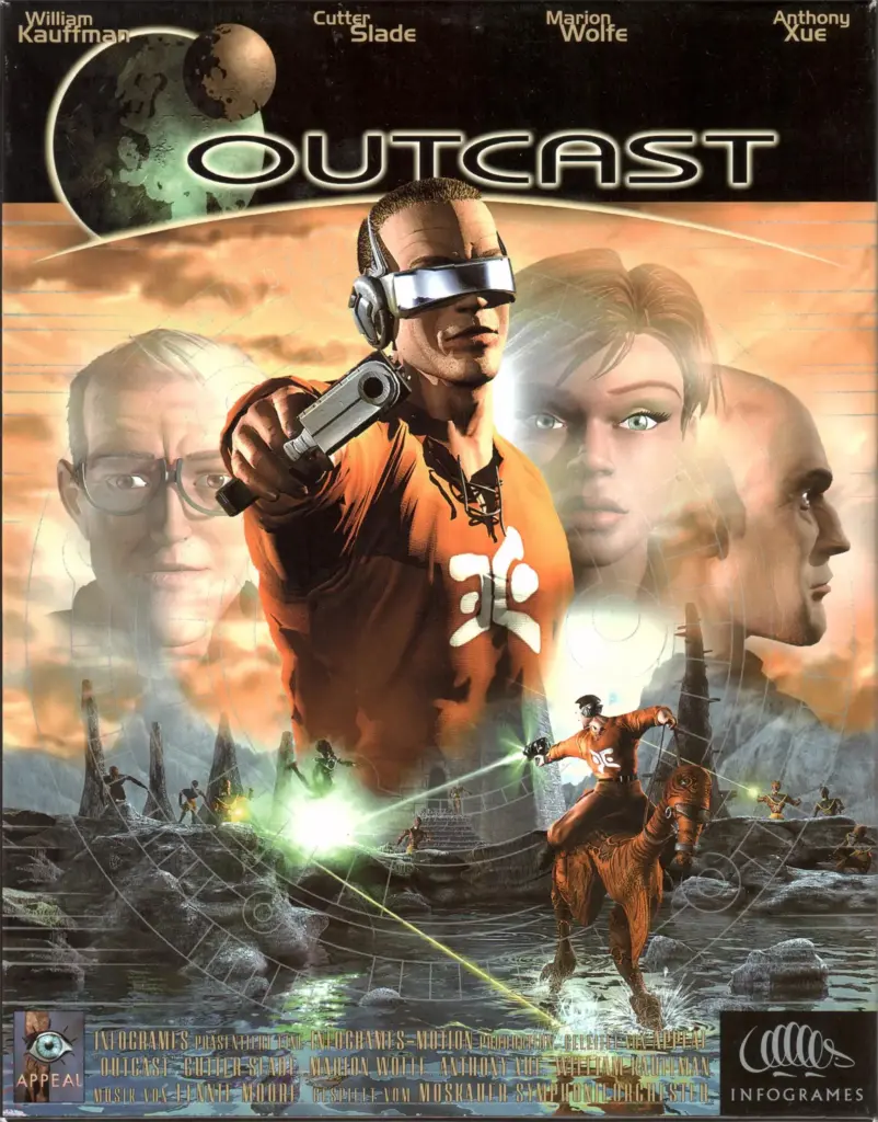 Outcast PC cover art with alien landscapes, characters and sci-fi adventure imagery.