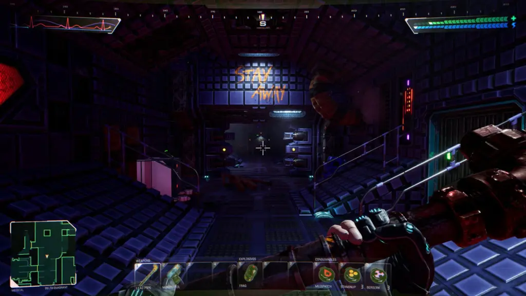 First-person Citadel Station corridors showing exploration, HUD systems and cyberpunk atmosphere.