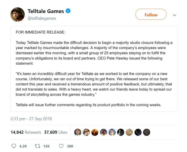 The difficult period surrounding Telltale's 2018 studio collapse.
